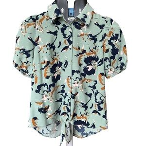 Nine West Women’s Blue Green Floral Short Sleeve Button Up Tie Front Shirt Sz XS